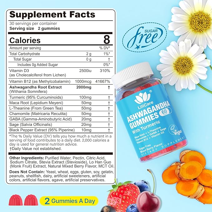 Ashwagandha Gummies 2000mg for Women Men - Sugar Free, Vegan - Organic Ashwagandha Root Extract Supplements Gummy & Vitamin D3, B12 and Turmeric, Promote Relaxation, Mixed Berry Flavor, 120 Count