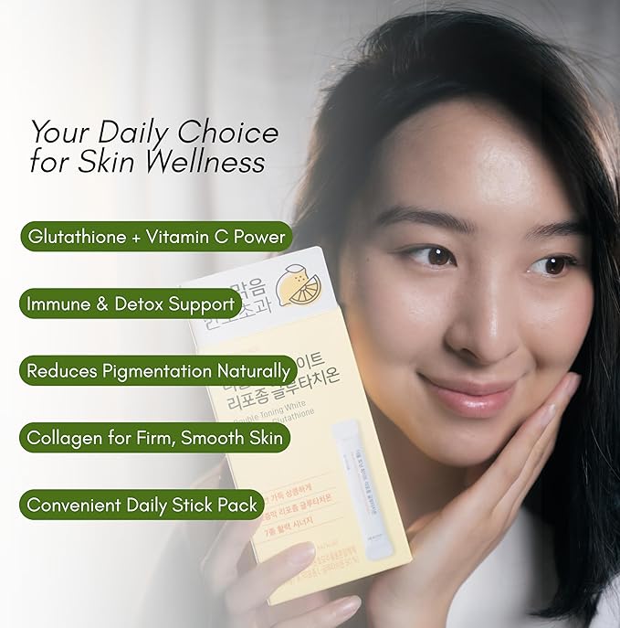 Double Toning White Liposome Glutathione Korean Beauty Supplement – Liposomal L-Glutathione, Vitamin C 500 mg, Vitamin E, Biotin & Fish Collagen 500 mg, Lime-Lemon Flavor – 30 Packets