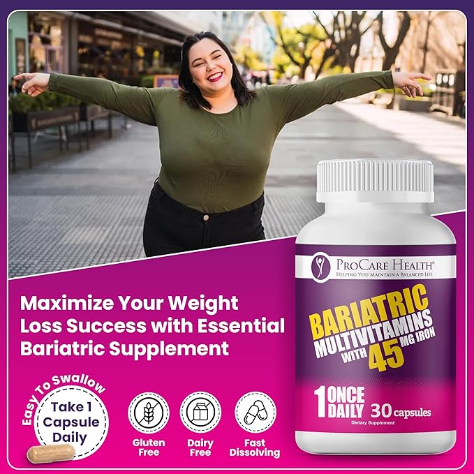 ProCare Health Bariatric Multivitamin with 45mg Iron (30 Easy to Swallow Capsules) - Once Daily Post-Op Support for Gastric Bypass & Sleeve with 1 Month Supply, No Artificial Colors, Gluten-Free