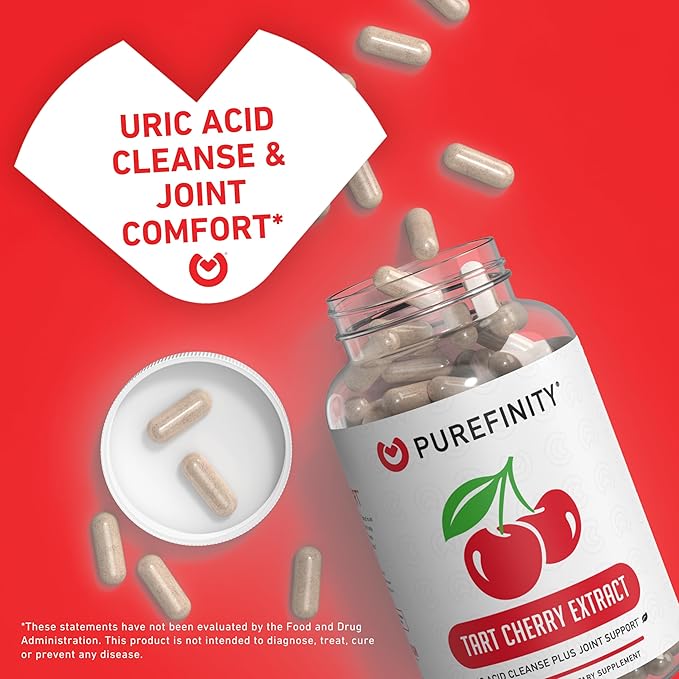 PUREFINITY Tart Cherry Capsules – Uric Acid Flush & Cleanse to Support Joint & Muscle Comfort with Raw Extract, Non-GMO, Gluten Free, Vegan – 30 Count (1 Month Supply)