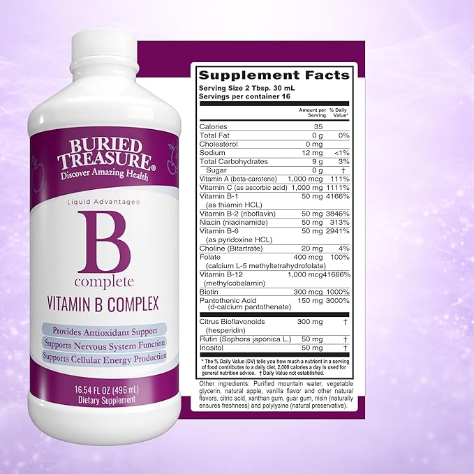 Buried Treasure B Complete - 16 Fl oz, All 8 B Vitamins with Methylated B12 & Methylfolate, Biotin, B1, B2, B6, Antioxidant Support, Liquid & Sugar-Free, B complex vitamins for Women & Men.