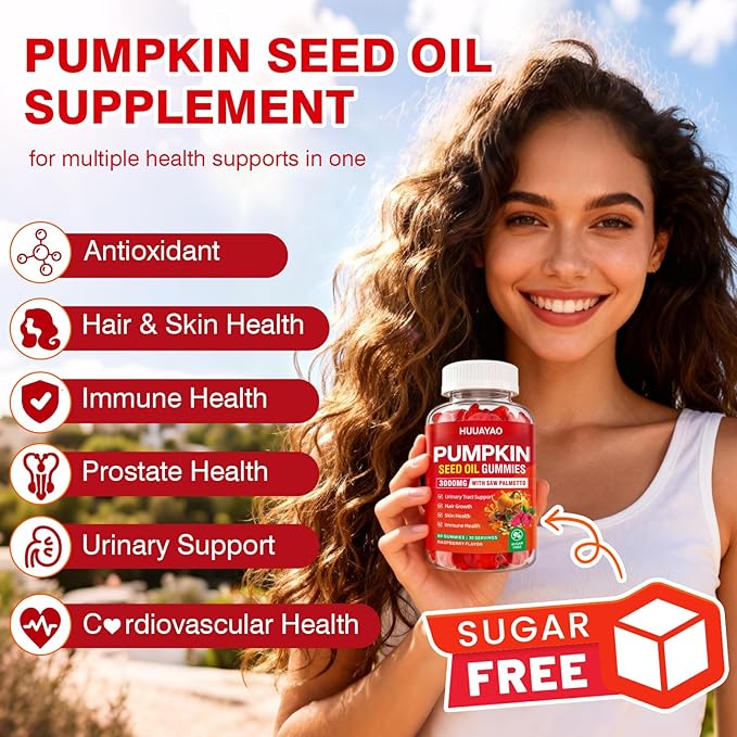Pumpkin Seed Oil Gummies 3000MG, Organic Pumpkin Seed Oil with Saw Palmetto Supports Hair, Skin & Prostate Health High-Purity Extract for Women & Men, Raspberry Flavor, 120 Count