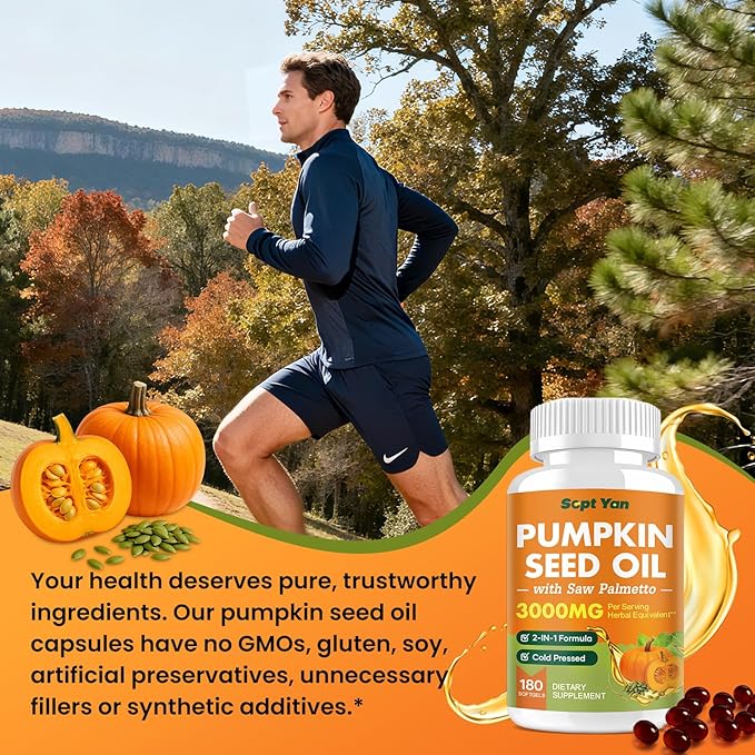 Pumpkin Seed Oil with Saw Palmetto Capsules, 3000mg Per Serving, Pumpkin Seeds Oil Supplement, Supports Immune, Hair, Urinary, Bladder & Prostate Health, Non-GMO, 180 Softgels