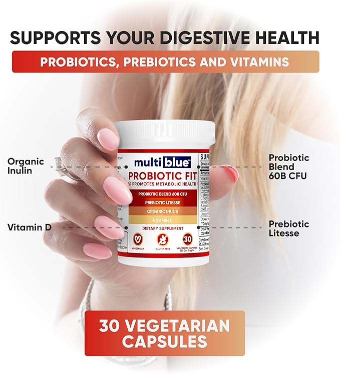 MultiBlue Probiotic Fit – Supports Natural GLP-1 & Appetite Control for Women & Men, Bifidobacterium B-420, Digestive & Gut Health, 10 Probiotic Strains, 60 Billion CFU, Prebiotic + Vitamin D3, 90ct