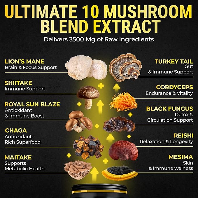 Organic Mushroom Complex with Shilajit & Coconut Oil - Lions Mane Mushroom Supplement with Ashwagandha and L-Theanine - Mushroom Nootropic for Memory, Focus & Immune Mushroom Capsules Softgels