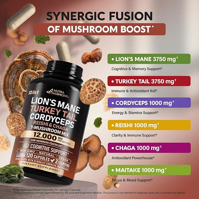 Mushroom Supplement - Organic Lions Mane | Turkey Tail | Chaga | Cordyceps | Reishi | Maitake | Shiitake | Meshima | Tremella | Oyster | Agaricus - Made in USA - Non GMO, Gluten Free - 120 Capsules