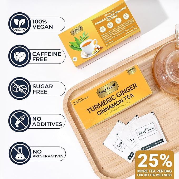 LeafLea 160 Ginger Turmeric Tea Bags, 100% Natural & Pure Herbal Tea Blend of Turmeric Ginger Tea with Cinnamon, Turmeric Tea Supports Digestion & Immunity, Caffeine-Free, No Sugar, Non-GMO