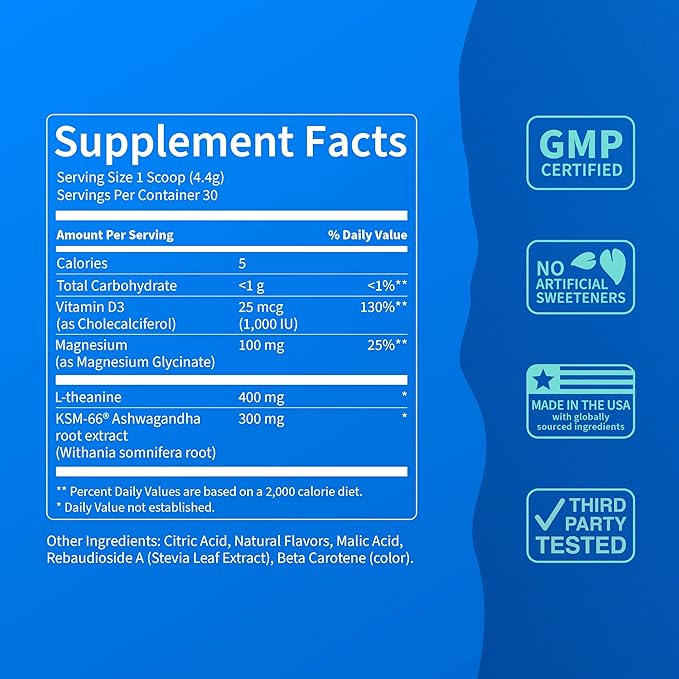 Nello Supercalm Powdered Drink Mix Tub, Cortisol Reducer* and Sleep Aid Supplement, L Theanine, Ksm-66 Ashwagandha, Magnesium Glycinate, Vitamin D 3, No Sugar, Non GMO, 30 Ct, Tropical Tangerine