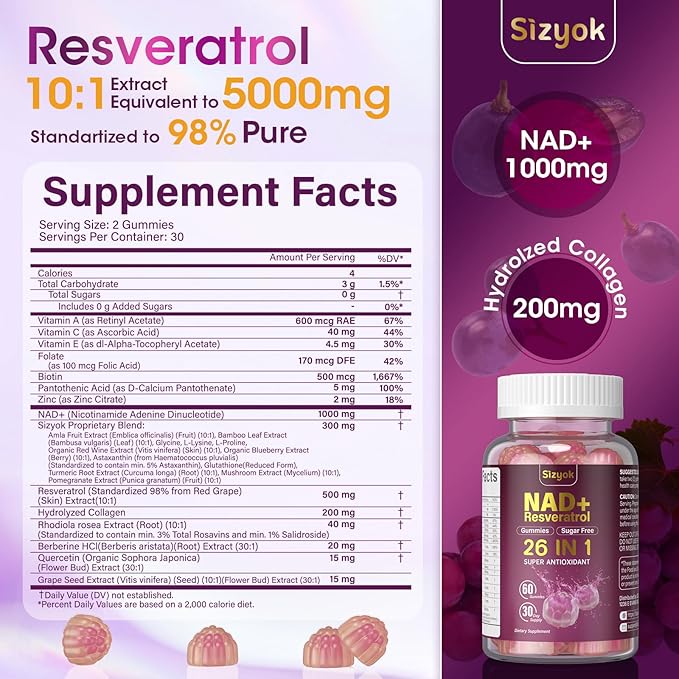 NAD Resveratrol Gummies, NAD Supplements for Women with Hydrolyzed Collagen, Grape Seed, and D-Biotin Support Antioxidant Action, Anti-Aging, Cell Regeneration & Energy, Sugar-Free, 60 Gummies