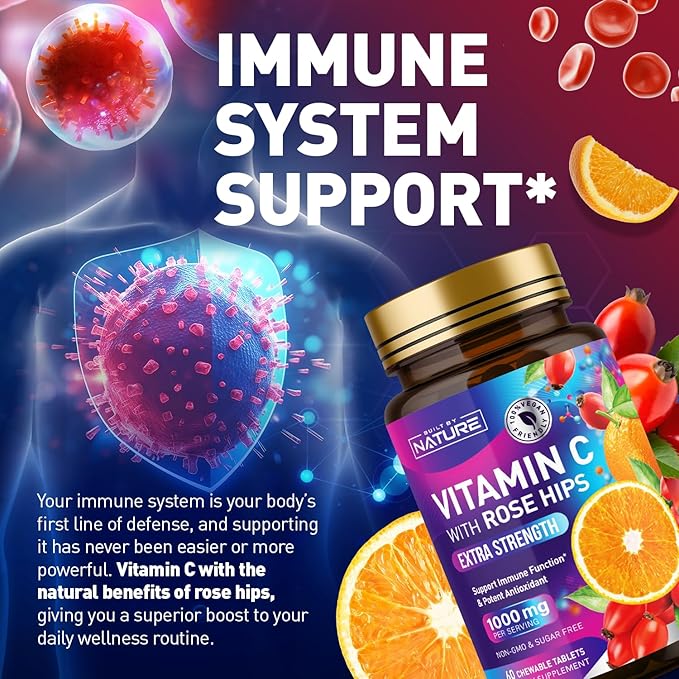 Built by Nature Chewable Vitamin C with Rose HIPS - 1000mg Immune Support Supplement - Non-GMO, Gluten-Free, Vegan - Powerful Antioxidant for Energy & Collagen Boost - Orange Flavor – 60 Tablets