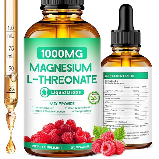 Magnesium L-Threonate 1000mg, Magnesium Threonate Enriched with Theanine, Apigenin, and Lemon Balm, Designed to Support Brain Health, Sleep & Memory, Featuring a Natural Raspberry Flavor, 60ml(1 Pack)