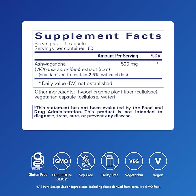 Pure Encapsulations Ashwagandha - 500 mg Ashwagandha Extract - Metabolism & Stress Support - Immune Support - GMO Free & Vegan - 60 Capsules