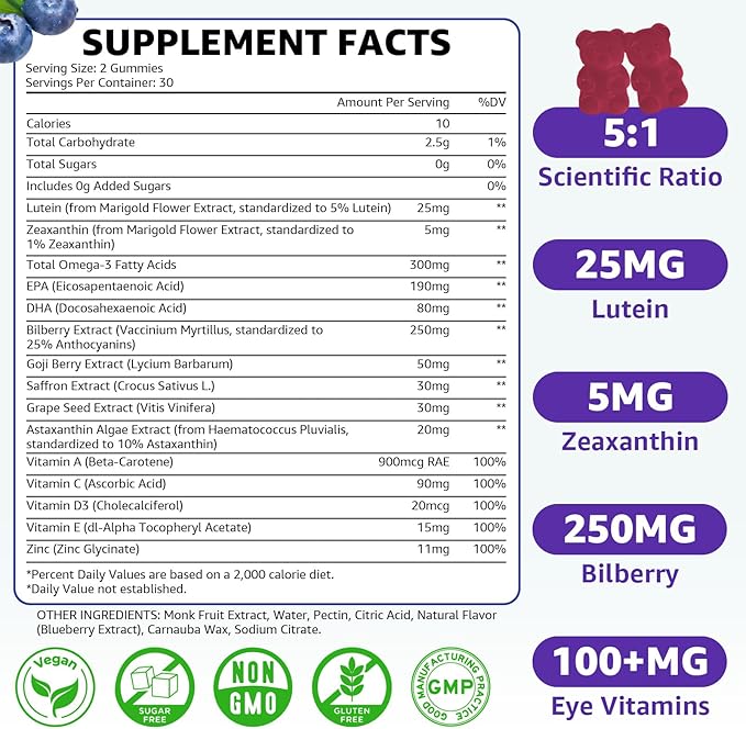 Sugar Free Lutein Gummies 25mg, Lutein and Zeaxanthin Supplements for Eye Health,13-in-1 Eye Care Formula with Omega-3 Bilberry Saffron-Vision Health, Eye Strain,Dry Eyes,Vegan Blueberry Flavor 120 Ct