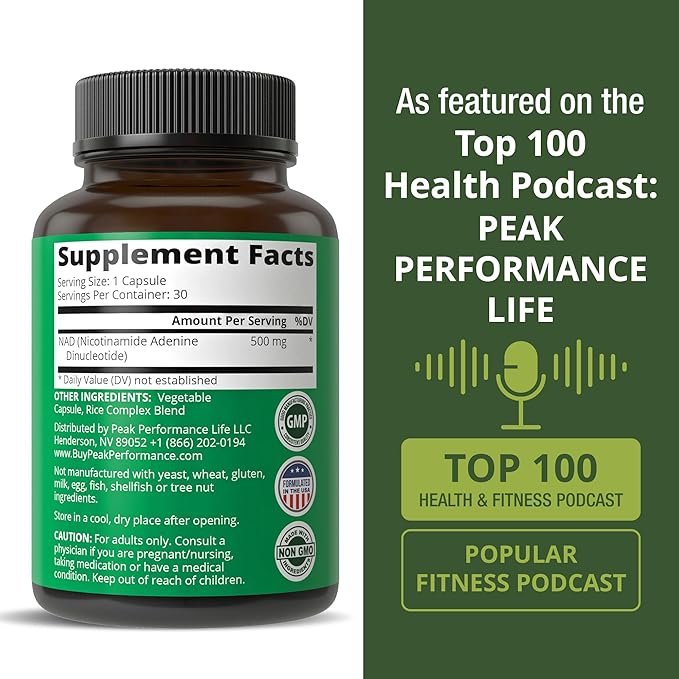 Peak Performance Ultra High Purity NAD Supplement for Women and Men - NAD+ Similar to Nicotinamide Riboside - Supports Energy, Brain Function, Healthy Aging - Third Party Tested Non-GMO Supplements