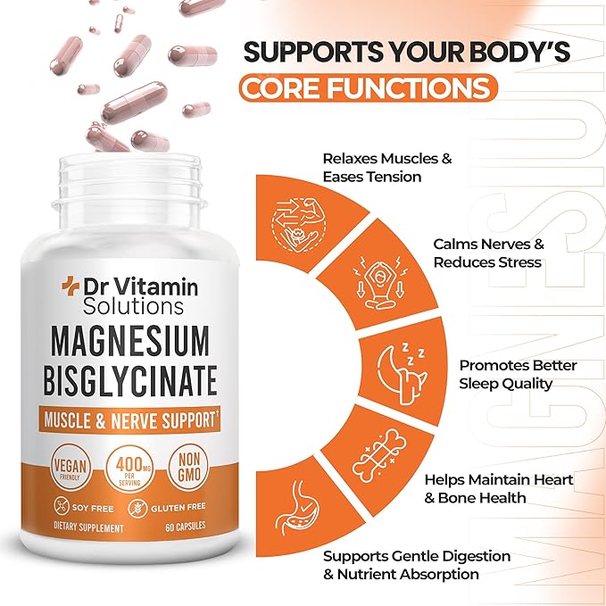 Magnesium Glycinate 400mg (Buffered Magnesium Bisglycinate Chelate) | Albion® Chelated Magnesium for Muscle & Nerve Support + Calm | High Absorption, Gentle on Stomach (1 Bottle, 60 Capsules)