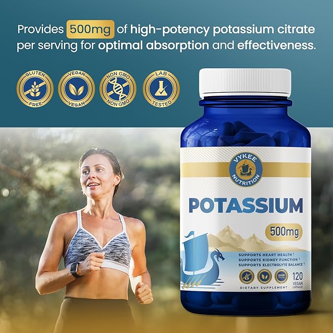Vykee Nutrition Potassium Citrate Capsules - Supplements for Electrolyte Balance, Muscle & Heart Health - Vegan, Non-GMO, Gluten Free - 500 mg, 120 Count