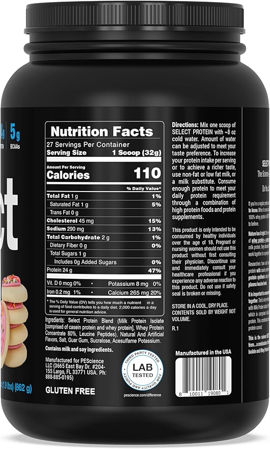 PEScience Select Protein Powder, Whey and Casein Blend, Lean Protein Powder for Women and Men, Low Calorie, Low Carb, Keto Friendly, Gluten Free, Frosted Sugar Cookie - 27 Servings