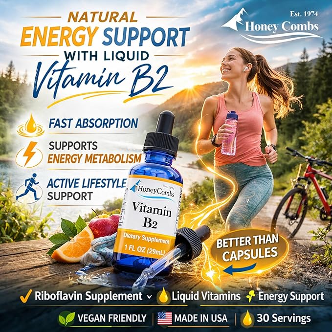Honeycombs Riboflavin Vitamin B2 Liquid Drops 500 Percent DV, b2 made in USA Alcohol Free B2 Vitamins Supplement, Fast Absorbing Riboflavin Alternative to Capsules for Adult Daily Use