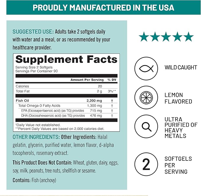 NatureWise Ultra Omega 3 Fish Oil 2200 mg – 1300 mg Omega-3 - Triglyceride Form - Lemon Flavor - Wild-Caught Fish Oil + EPA & DHA - Burpless, Non-GMO - 180 Softgels[3-Month Supply]