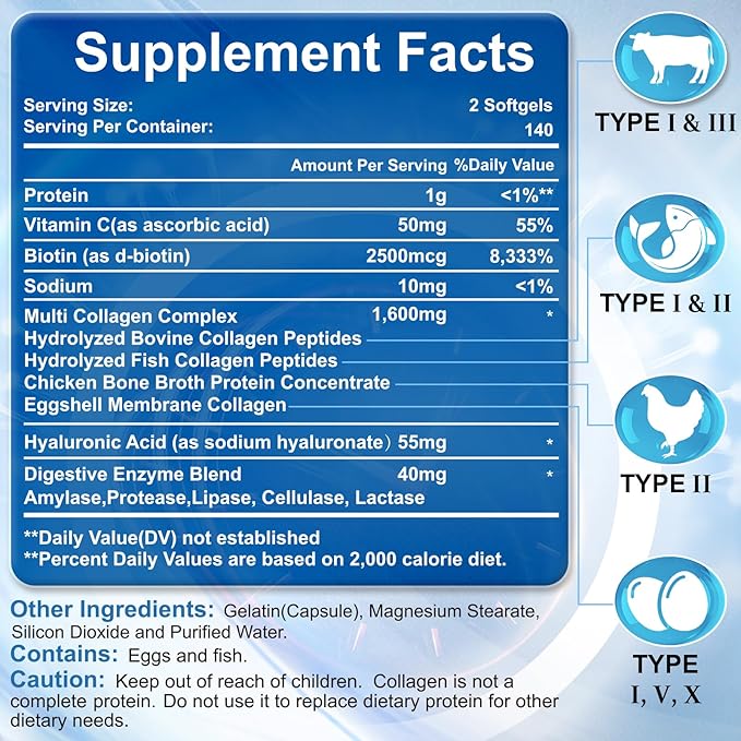 Multi Collagen Peptides for Women & Men, Hydrolyzed Collagen Peptides-Type I, II, III, V, X - with Hyaluronic Acid,Vitamin C,Biotin,Supports Skin Hair Nail, Non-GMO, 280 Softgels