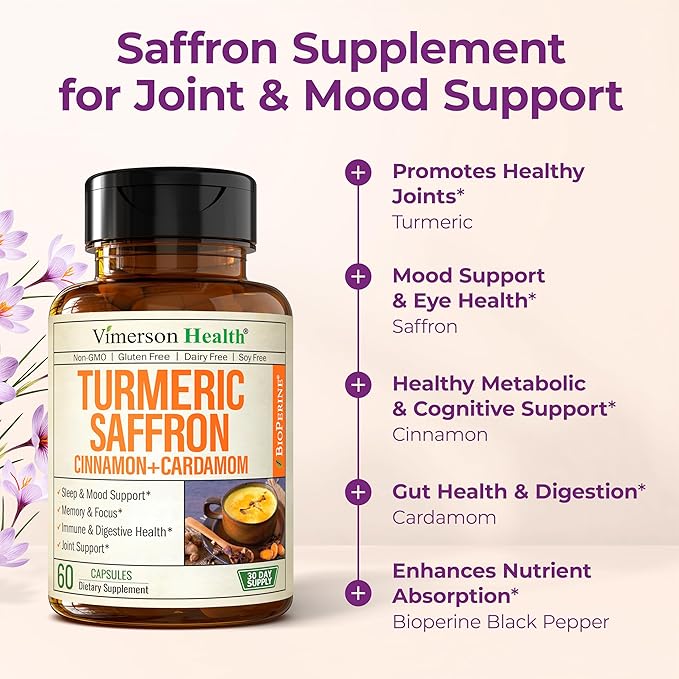 Saffron Supplements – 89mg Saffron Extract, 1000mg Turmeric Curcumin, Ceylon Cinnamon & Cardamom – Daily Mood, Joint & Metabolic Support – Joint Supplements for Women & Men – 60 Capsules, 2 Pack
