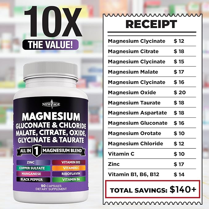 NEW AGE Magnesium Supplement -Powerful Glycinate Citrate Malate Oxide Taurate Aspartate Gluconate Orotate & Mag Chloride Manganese Bone Health and Bone Strength, Joint Support- 270 Count