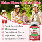 Ginkgo Biloba Gummies with Panax Ginseng and Magnesium, Ginkgo Biloba Supplements for Focus, Memory, and Brain Health for Adults & Kids, Vegan Raspberry Flavor Gummies, 60 Count