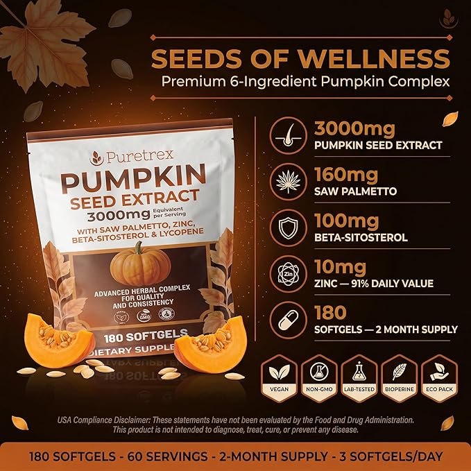 Pumpkin Seed Oil 3000mg with Saw Palmetto, Beta-Sitosterol, Zinc & BioPerine® – 180 Vegan Softgels | Prostate & Hair Growth Support | DHT Blocker | Urinary & Bladder Health | Cold-Pressed