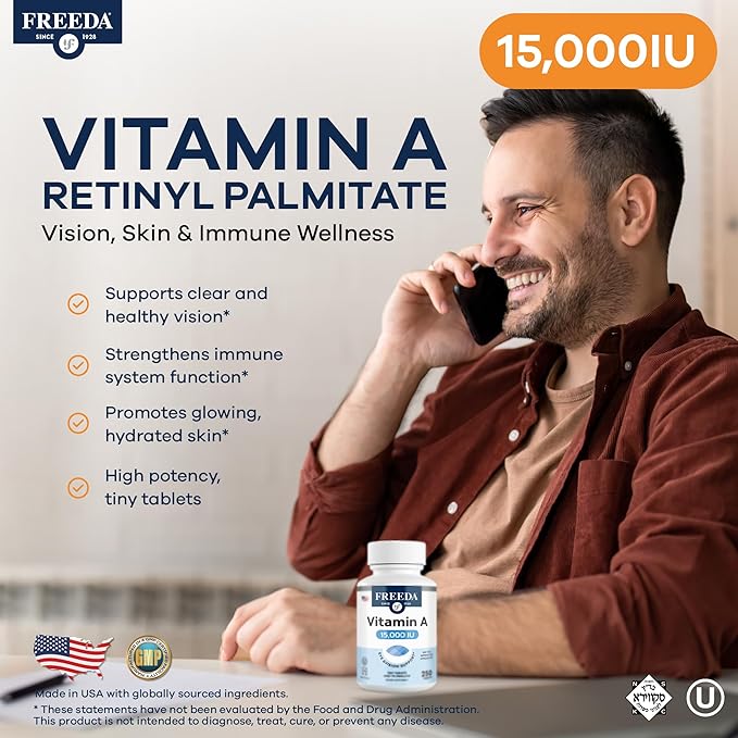Freeda Vitamin A 15,000 IU – Retinyl Palmitate – Vegan, Kosher, No Fish – Eye, Vision, Immune & Skin Support – Tiny Easy-to-Swallow Tablets – VIT A Vitamina A Supplement – 250 Tablets