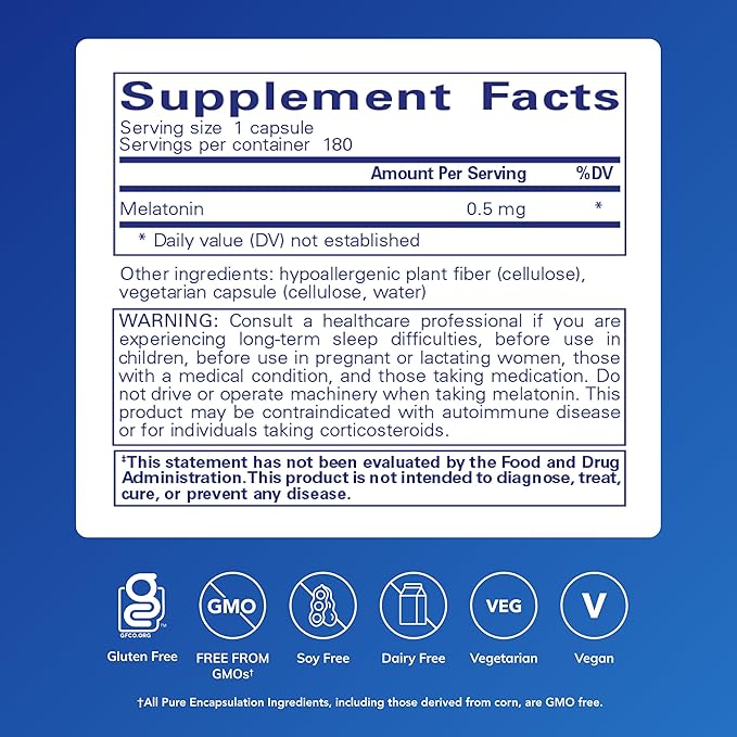 Pure Encapsulations Melatonin 0.5 mg - Natural Sleep Helper for Bedtime - Regulates Sleep-Wake Cycle - 0.5 mg Melatonin - Vegan & Non-GMO - 180 Capsules