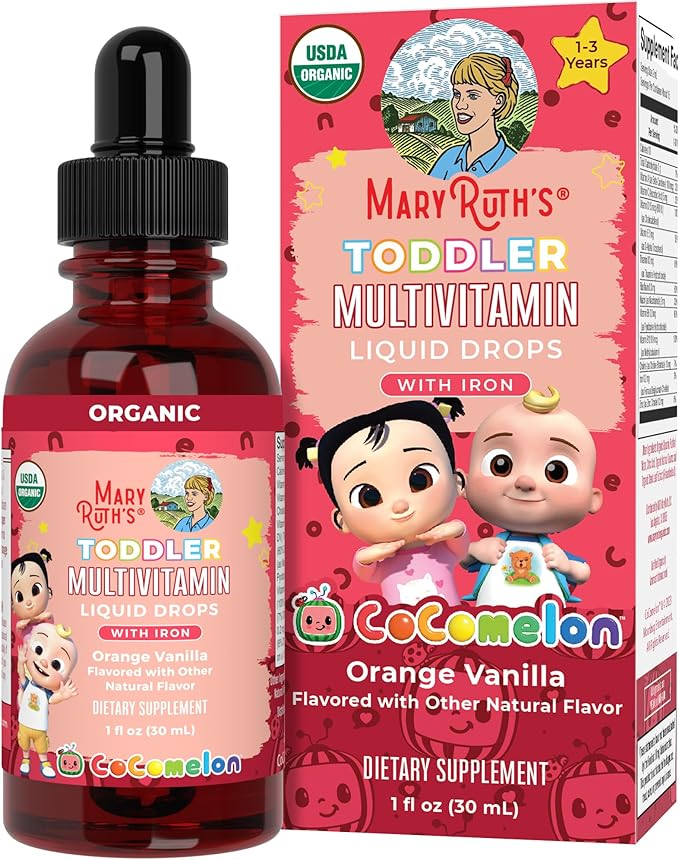 MARYRUTH'S Organics CoComelon Toddler Kids Multivitamin with Iron | Immune Support | Toddler Vitamins | USDA Organic | Sugar Free | Multivitamin Liquid Drops for Kids Ages 1-3 | Vegan | 1 Fl Oz