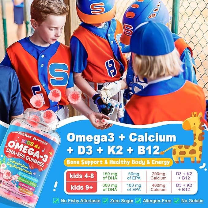 Nextdia Omega 3 (EPA/DHA) Filled Gummies for Kids with Multivitamin, Calcium + D3 + K2 + Zinc, Plus Vitamin A B1 B2 B12 C, Selenium, Iodine for Brain, Eye, Bone, Energy, No Fish Taste, 2 Pack