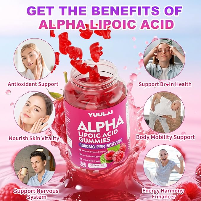 Alpha Lipoic Acid Gummies 1000MG with Biotin, High Absorption Chewable ALA Supplement for Antioxidant, Brain Health and Nerve Support, Raspberry Flavor, 60 Count