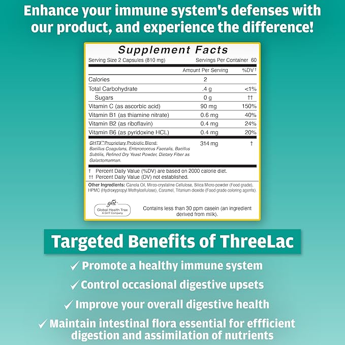 GHT - ThreeLac Probiotic Capsules, 240 Ct - Comprehensive Digestive Support for Men, Women, and Children - Immune System and Gut Balance, Non-GMO