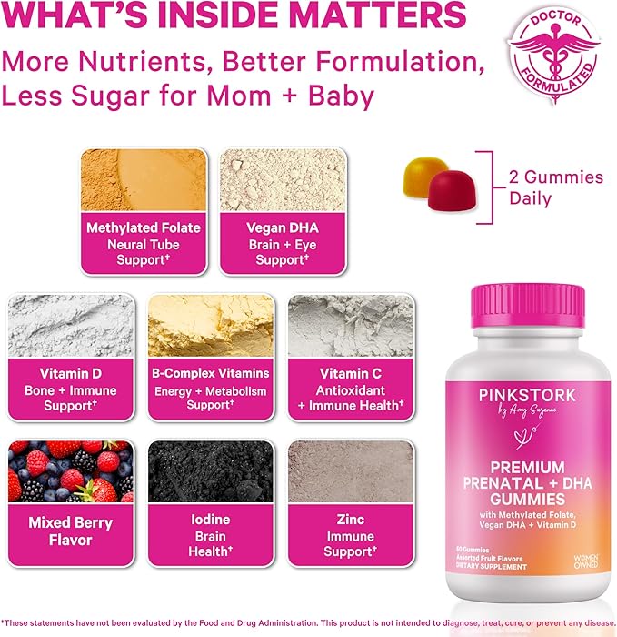 Pink Stork Premium Prenatal Gummy Vitamins with DHA, Folate, and Vitamin D - Multivitamin for Neural Tube and Fetal Brain Development - 60 Vegan Gummies for Morning Sickness Support