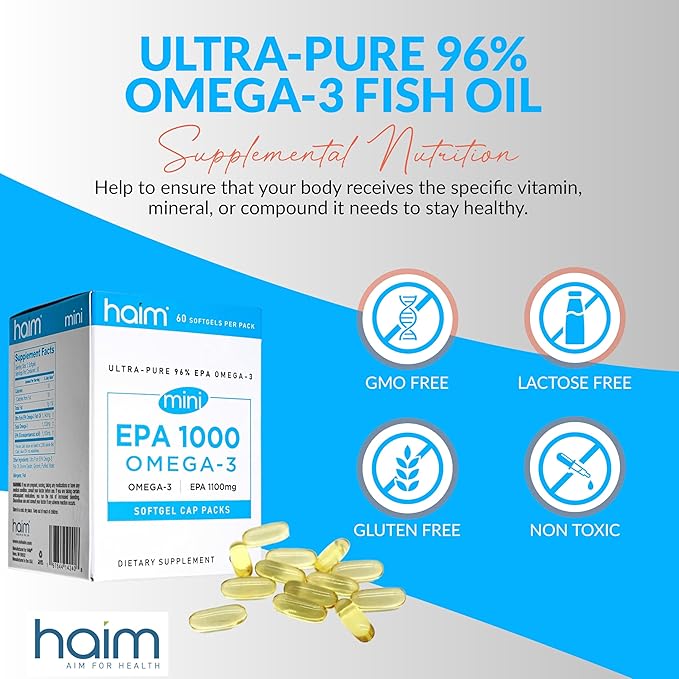 HAIM EPA1000 MINI – Pure EPA Fish Oil Supplement – 1,000mg Omega-3 for Heart, Brain & Joint Health – High Potency, Burpless Softgels – Small, Easy-to-Swallow Capsules – 60 Softgels – Made in USA