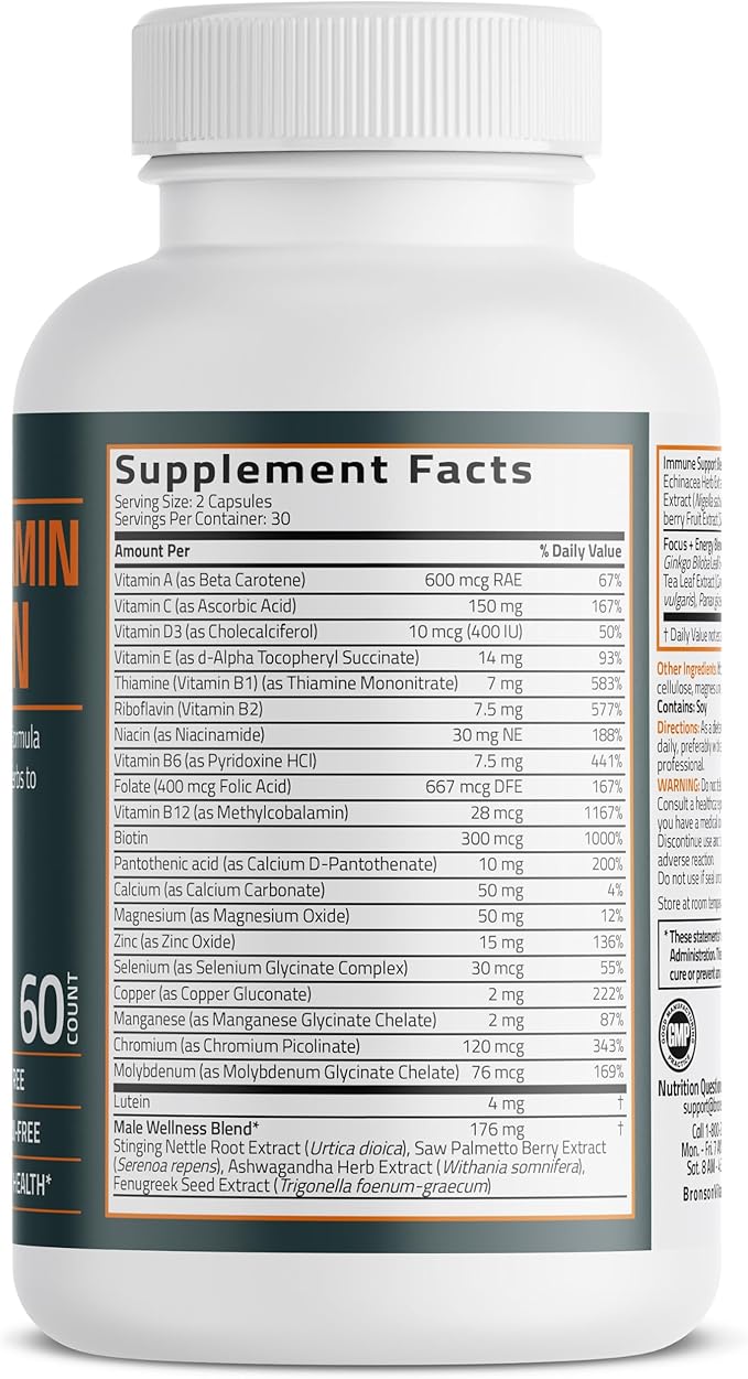 Bronson Multivitamin for Men All-in-One Daily Coverage Formula Key Vitamins, Minerals & Herbs to Support Men's Health, 60 Capsules