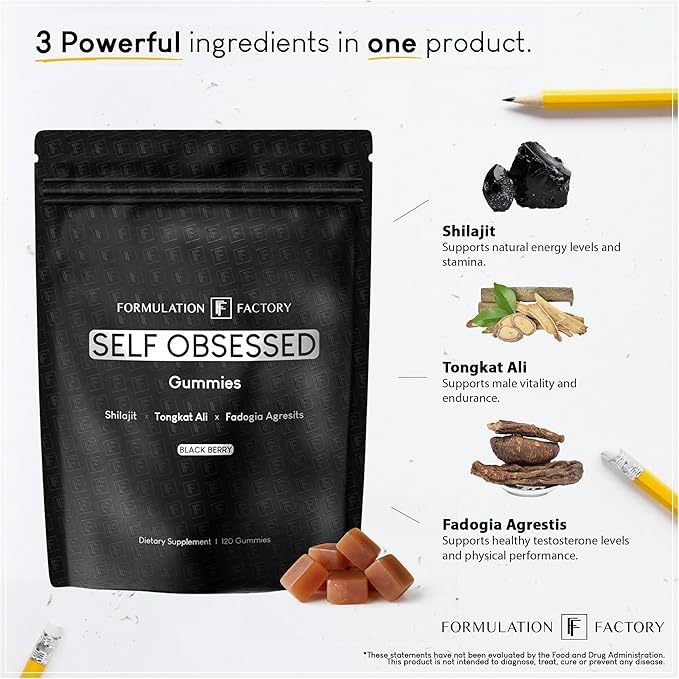 Self Obsessed Shilajit Gummies for Men, Tongkat Ali + Fadogia Agrestis Supplement, Energy, Strength, Drive & Vitality Support, Natural Masculinity Formula (1 Month Supply – 240 Count, Pack of 2)