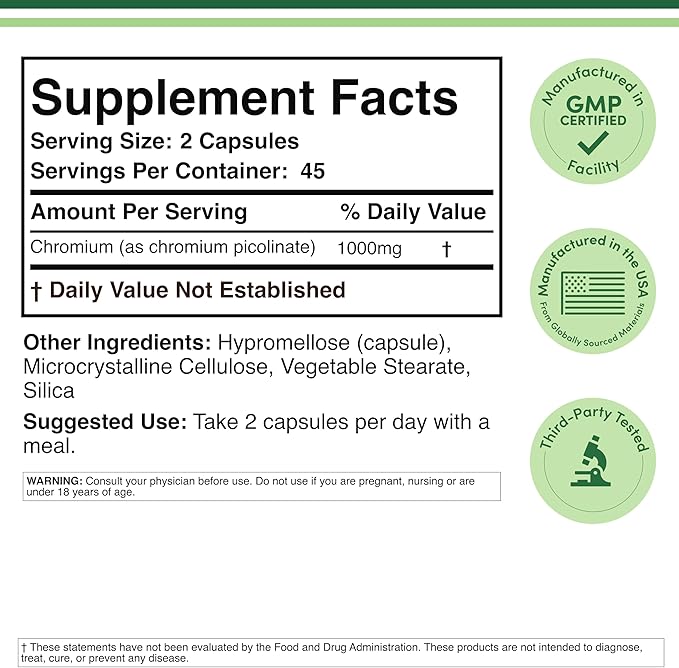 Chromium Picolinate 1000mcg - High Absorption and Bioavailability (90 Vegan Safe Capsules, Non-GMO, Gluten Free) by Double Wood Supplements
