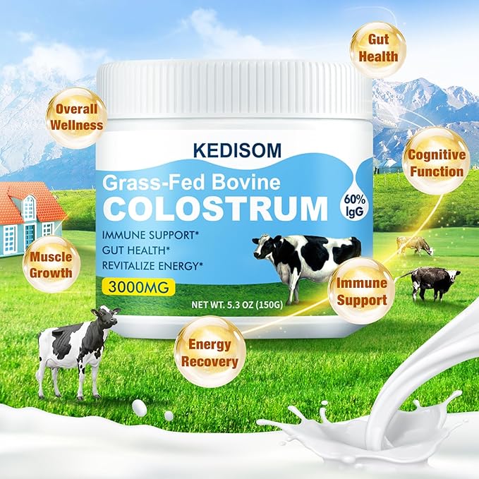 Grass-Fed Bovine Colostrum Supplement Powder - 60% High IgG 3000 mg for Gut Health, Immune Support - Easy to Mix Natural Liposomal Colostrum Superfood, Unflavored, 50 Servings