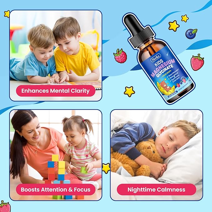 Magnesium Glycinate for Kids - Magnesium Glycinate Liquid Drops with L-Theanine Omega-3, Vitamin B6, D3, Zinc - Support Sleep, Relaxation, Calm & Focus - 2 Fl Oz, Mixed Berry Flavor