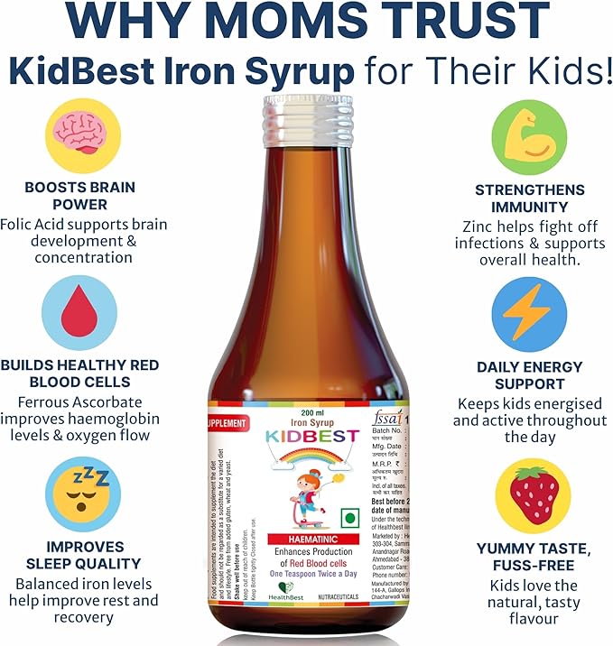 HealthBest Liquid Iron Syrup for Kids – Triple Action with Folic Acid and Zinc – Boosts Hemoglobin, Appetite, and Immunity – No Metallic Taste – 200ml Liquid Supplement, Safe & Effective