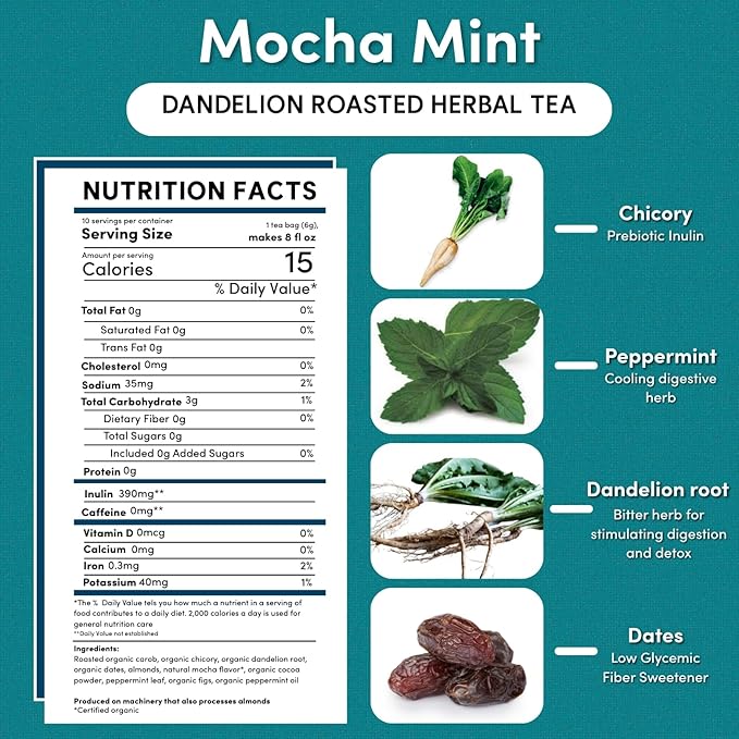 Teeccino Dandelion Root Tea - Mocha Mint - Caffeine Free, Roasted Herbal Tea with Prebiotics, 3x More Herbs than Regular Tea Bags, Gluten Free - 10 Tea Bags (Pack of 4)