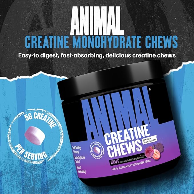 Animal Creatine Chews – 5g Creatine Monohydrate Tablets for Strength, Power & Training Recovery Support – Enhanced Absorption with AstraGin® – Convenient Chewable Format – 120 Tablets