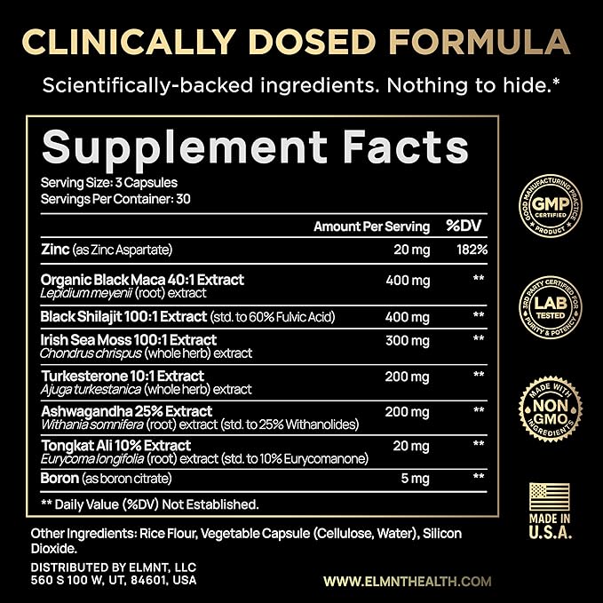 ULTRA MALE® Premium Testosterone Booster for Men w. 100:1 Shilajit, 40:1 Black Maca, Ashwagandha 25%, Tongkat Ali 10% - Clinical Strength Male Enhancing Testosterone Supplement for Men Health Libido+