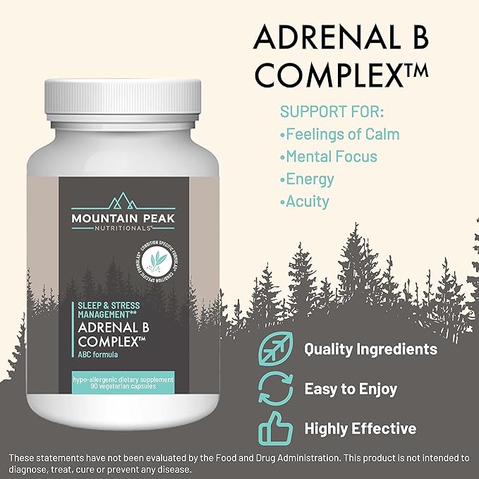 Mountain Peak Adrenal B Complex - Cortisol Support w/Ashwagandha, Vitamin B6, B12 & C - Helps Support Stress Levels - Encodcrine & Nervous System Support Supplement (90 Vegetarian Capsules)