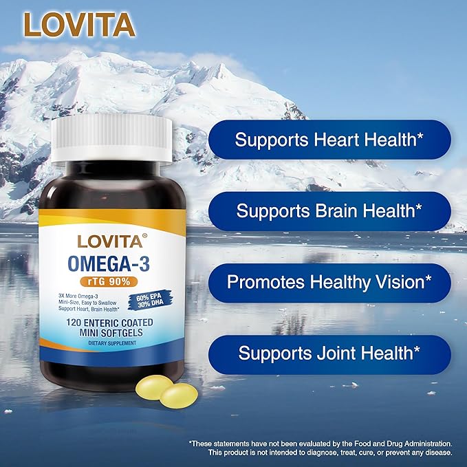 LOVITA Omega-3 Fish Oil 2000mg Supplement for Men and Women, 360 Mini Softgels, High Absorption rTG with EPA & DHA, Burpless Enteric-Coated, Non-GMO, Supports Heart Brain Eye Health, 90 Day Supply