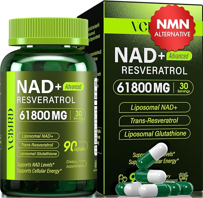 Liposomal NAD Supplement with Resveratrol 61800mg Per Bottle – NAD Resveratrol for Women & Men – High Purity 1200mg NAD+ Supplement for Energy & Healthy Aging, Glutathione, Turmeric – 90 Count