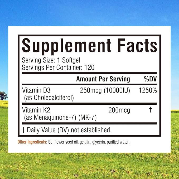 Innate Vitality Vitamin D3 K2 Supplement, High Potency Vitamin D3 10000 IU & Vitamin K2 (MK-7) 200 mcg, Supports Bone, Teeth, Heart & Immune Health, Non-GMO, Gluten Free, 120 Softgels