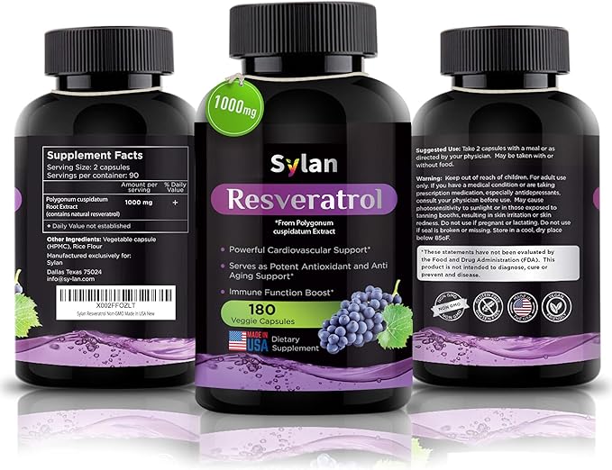 SYLAN Resveratrol Supplement, 1000mg, 180 Veggie Capsules, Antioxidant, Supports Heart, Joint, Brain, Immune Health & Anti-Aging, Non-GMO, Made in USA, Resveratrol 500mg Powder per Capsul